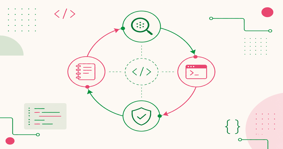 Abstract diagram of an AI agent feedback loop: discover, run, verify, remember